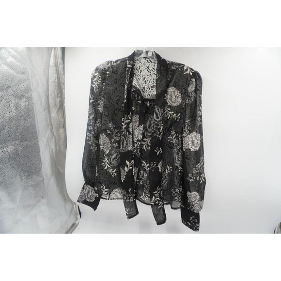 Walter Baker Black & White Floral Botanical Print Blouse Ruffle Tie Neck Size S - Picture 1 of 8